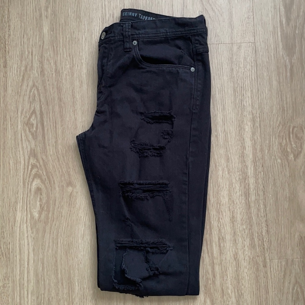 Men’s Skinny Tapered Ripped Black Jeans, Size 34